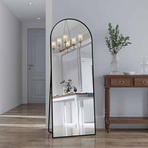KRYZOR Spiegel in voller Länge, gewölbt, 162 x 53 cm, Standspiegel, großer freistehender Spiegel, mit Aluminiumrahmen, Ständer, kompletter Ankleidespiegel für Wohnzimmer, Schlafzimmer (schwarz)