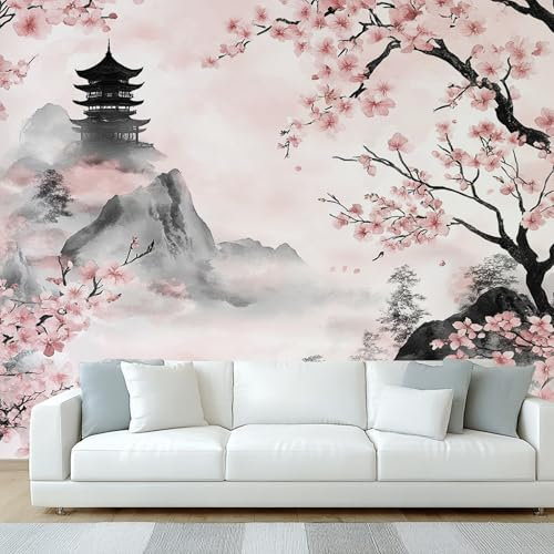 NOGAWA Papier Peint Fleur de Cerisier Japonais, Papier Peint Motif Style Asiatique, Panoramique Décoration Murale Pour Salon, Chambre, Tapisserie Murales Intissé, Wallpaper Mural 100x70cm
