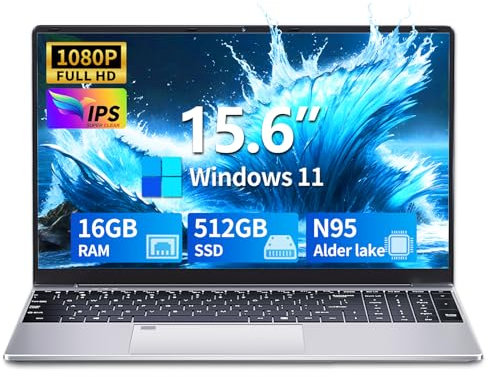 Ordenador Portátil 15,6 Pulgadas, Portátil 16GB DDR4 512GB SSD, Win 11 PC Portatil Celeron N95 CPU, Teclado Retroiluminado, Desbloqueo Huellas Dactilares, IPS Pantalla Laptop, USB3.0+BT4.2+Webcam