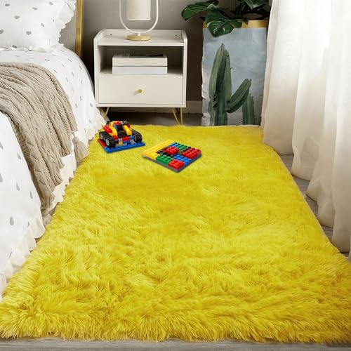 PSHCEE Shaggy Hochflor Teppich 220 x 250 cm Weich Hochwertiger Outdoor Teppich Waschbar Und rutschfest für Schlafzimmer, Esszimmer Als Stilvoller Küchenteppich, Gelb
