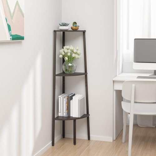 Yisssmeng Eckregal Schwarz 45,5x31,5x120 cm Stahl-Holz Bücherregal mit 3 Böden, platzsparender Eckschrank für Wohnzimmer, Schlafzimmer und Büro, leicht montiert