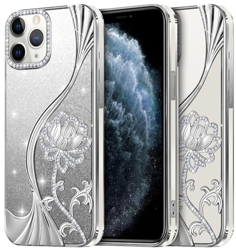LEVIOSA for iPhone 11 Pro Max Case 6.5 Inch, Glitter Rhinestone Bling Lotus Cover for Women Girls, Soft TPU Shockproof Bumper with 2 Interchangeable Glitter Inserts Silver
