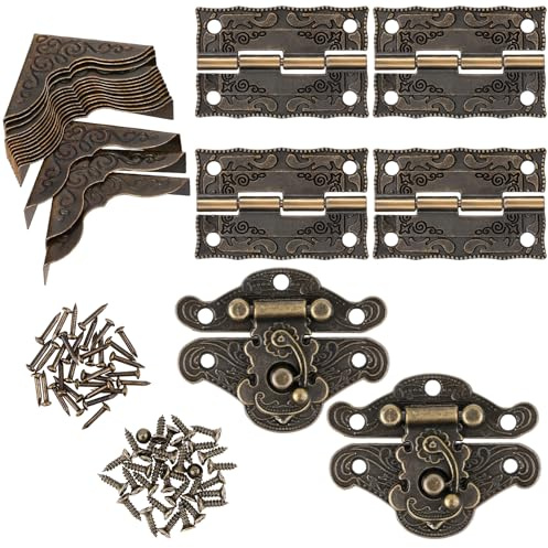 22-teiliges Kleine Scharniere für Holzkisten, Schmuckschatullen Scharnier und Verschluss Set, Schmuckschatullen-Beschläge, antik gravierter Verschlussriegel und Eckenschutz für Kisten