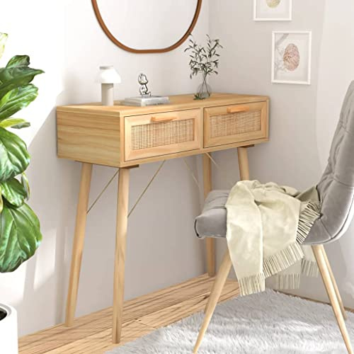Gatherant Konsolentisch Braun aus Massivholz Kiefer Natur-Rattan 80x30x75 cm mit 2 Schubladen, Stauraum und stabilem Design für Wohnzimmer Schlafzimmer Flur und Büro, platzsparend und dekorativ