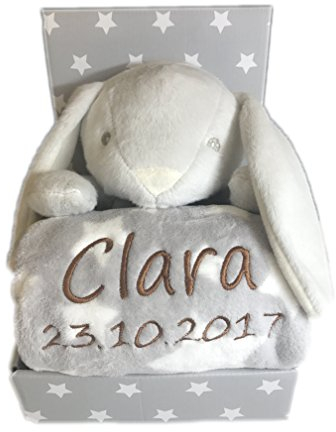 KIDDI-MEDIA Babydecke mit Name & Geburtsdatum Bestickt inkl. Plüsch Stofftier - Geschenk Taufe Geburt/CE-Zertifizierung (Grau/Weiss - HASE)