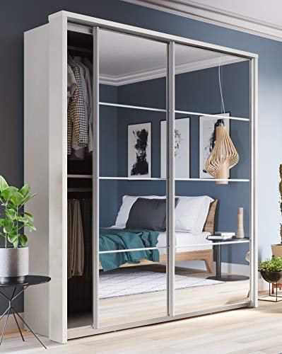 Arthauss Modern Bedroom Mirror Sliding Door Wardrobe Arti 17 in White Matt 180cm - Flat Pack Wardrobe, Elegant Mirrored Furniture with Optimised Storage