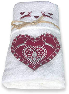 tex family - Handtuch-Set im Tiroler Stil, mit Herz und Hirsch, Farbe: Weiß