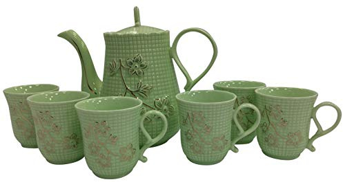8 Piece Tea Pot Set & Cup Set Green Porcelain Teapot with Matching Cups & Tray