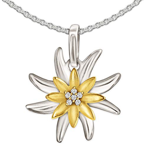 CLEVER SCHMUCK Ensemble pendentif pour femme en forme d'edelweiss bicolore en forme de fleur 19 mm avec pétales brillants et chaîne en forme de cœur de 45 cm en argent sterling 925 dans un étui,