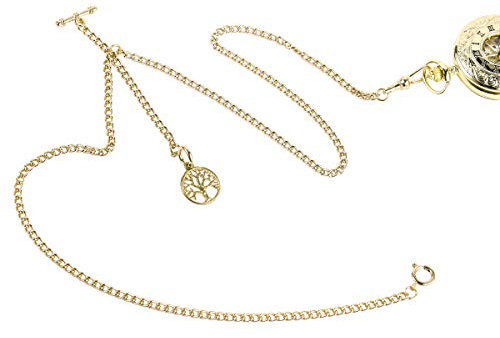 ManChDa Double Albert Chain Taschenuhr, Curb Link Chain 3 Haken Antique Plating Shield Design Fob T Bar für Männer Gold mit Life Tree Anhänger