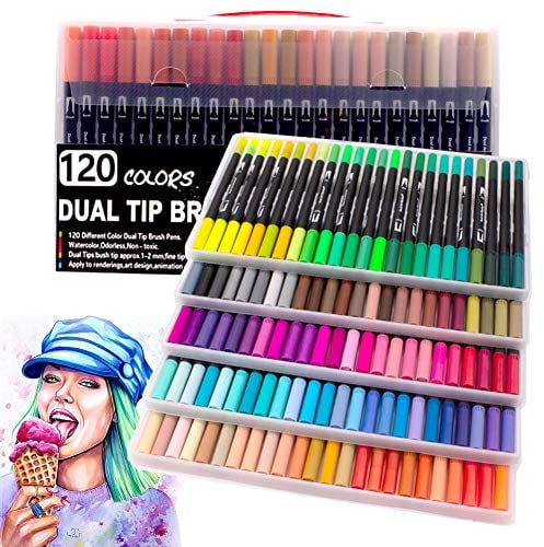 Laconile Brush Pens EU-A033 Double Tip 0.4mm Fineliner Tip and 2mm Brush Tip 120 Colours