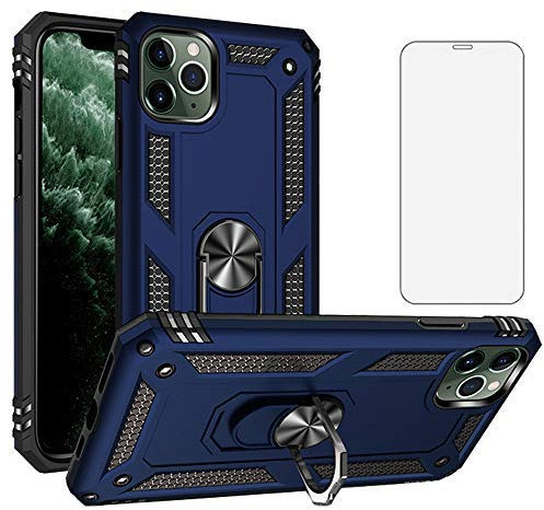 Phone Case for iPhone 11 Pro 2019 5.8 inch with Tempered Glass Screen Protector Cover and Magnetic Stand Ring Holder Shockproof Heavy Duty Accessories iPhone11pro iPhone11 11s 11p 11pro XI Blue