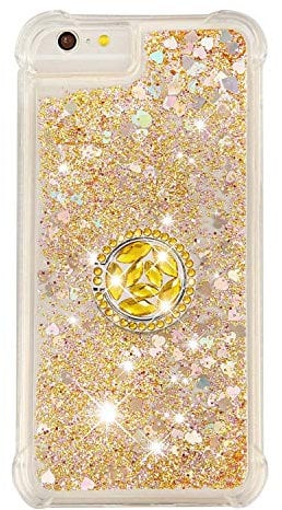 Huzhide iPhone SE 2020 Case Shockproof Silicone Glitter Shiny Sparkle Floating Liquid Quicksand Soft TPU Phone Case with Bling Diamonds Ring Buckle Stand Protective Cover for iPhone SE 2020/8/7, Gold