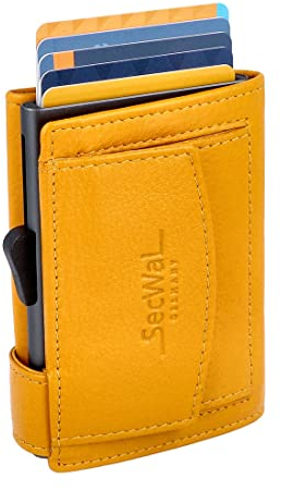 SecWal Kartenetui mit Münzfach Druckknopf inkl. Geschenkbox - Made in Germany - Echtleder Mini Geldbörse inkl. E-Book für Damen und Herren - RFID Schutz Geldbeutel klein (Gelb)