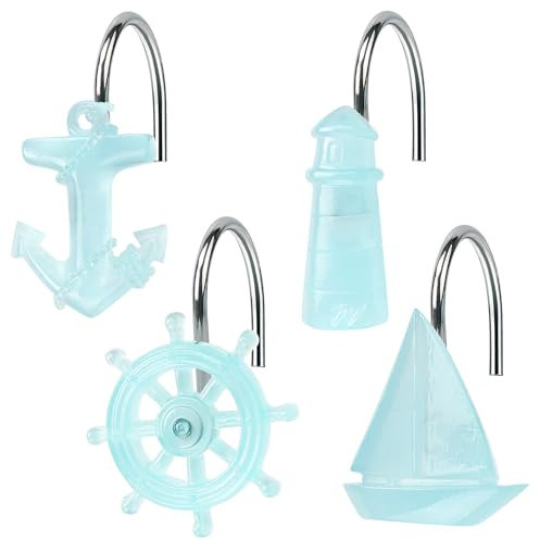 Nautical Shower Curtain Hooks, Tropical Ocean Style Blue Anchor, Rudder, Sailboat, and Lighthouse, Glow in The Dark Summer Bathroom Decor Accessories, Fun Voyage Unique Sea Theme