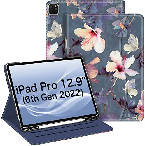 Fintie Hülle für iPad Pro 12.9 Zoll 2022 (6. Generation) / iPad Pro 12.9 2021/2020/2018 mit Stifthalter, Multi-Winkel Betrachtung Folio Stand Schutzhülle mit Dokumentschlitze, Hibiskus