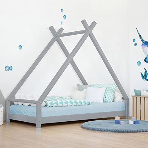 Kinder Tipi-Bett TAHUKA - Massivholz - grau - 90 x 200 cm