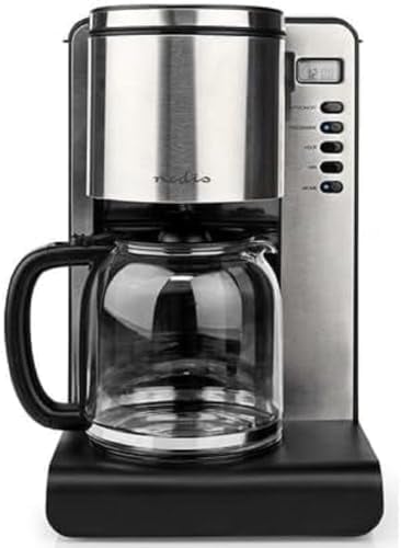NEDIS Kaffeemaschine | Kaffeefilter | 1,5 L | 12 Tassen | Warmhaltefunktion | Einschalt-Timer | LCD-Bildschirm | Uhrfunktion | Aluminium/Schwarz