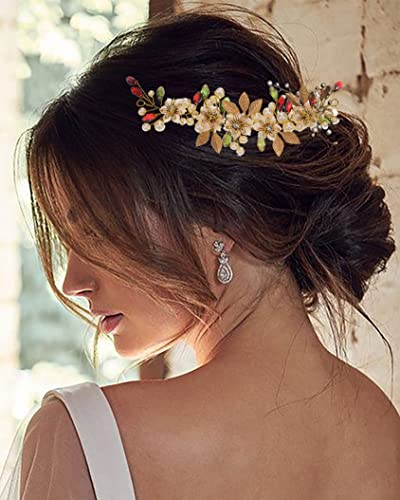 Edary Haarschmuck Hochzeit Gold Blume Haar Rebe Perlen Blatt Brautschmuck für Damen