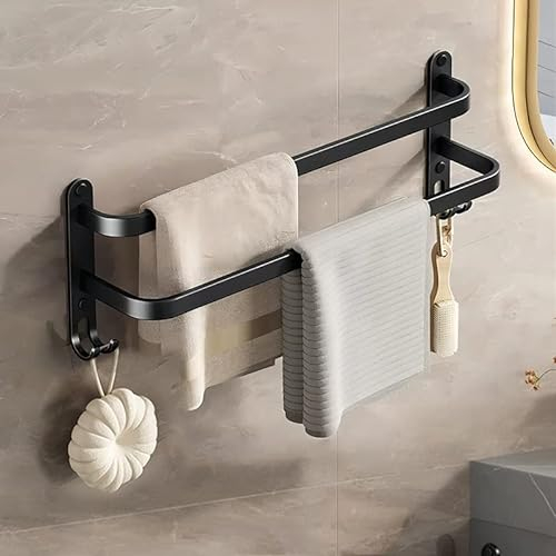 Porte Serviette Salle de Bain sans Percage, Porte Serviette sur Pied Murale, avec 2 Crochets, 60 cm Noir (2 Couches)