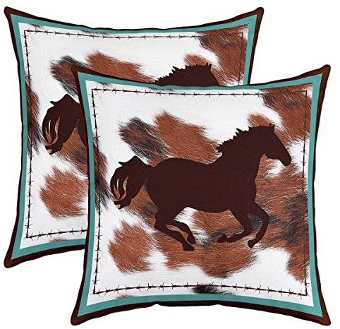 2er Set Kissenbezüge Pferd Kissenbezüge 40x40cm Rustikale Western Cowboy Dekokissen Kissen Fall Dekor Kissenhülle Kissenbezug Umkehrbar Retro Bauernhaus Pferd Teal Blau Braun Wurf Dekokissen