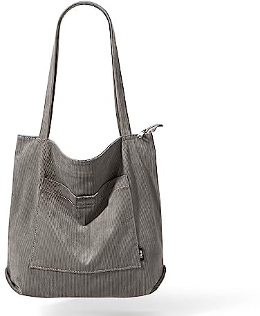 KALIDI Cord Tasche Damen Umhängetasche mit Reißverschluss Wasserdicht Tote Bag mit Taschenfach Groß Shopper Tasche Handtasche Schultertaschen für Arbeit Büro Reisen Einkaufen Schule (grey2)