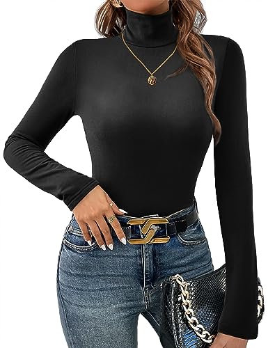 Ekouaer Turtleneck Woman Long Sleeve Shirts Lightweight Base Layer Solid Jumper Women Slim Fit, Black, L