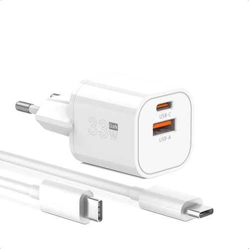Chargeur USB C 33W GOLDNEXT GaN Chargeur Rapide PD3.0 30W & QC4+ Double Prise Secteur avec 1,2M Type C Câble pour iPhone 15 Pro Max/15 Pro/14/13, Google Pixel 8 Pro/8/7 Pro/7/7a/6/6a, Samsung S24/S23
