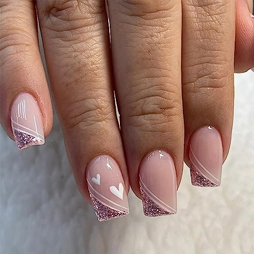 TMUT 24pcs Square False Nails French Tip Short Stick on Nails Glitter Pink Press on Nails with Heart Removable Glue-on Nails Full Cover Fake Nails Women Girls Nail Art Accessories, Variety Pack