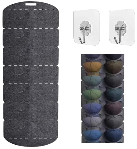 CAREDGO Kappenhalter Organizer, Kappen Aufbewahrung Mützen Halter aus Filz Grau Baseball Kappen Aufbewahrung mit 2 Klebehaken Faltbare Cap Halterung Taschen Hutablage Platz für 14 Cap, 130cm *46cm