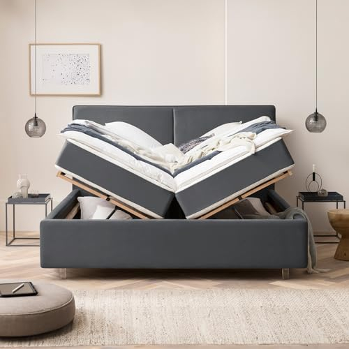 Premium Bett mit Bettkasten 140x200 Bari Velours, mit Matratze, mit Lattenrost, XXL Stauraum, Polsterbett, Doppelbett, Aufbau KOSTENLOS (Dunkelgrau, 140x200 cm mit Matratze)