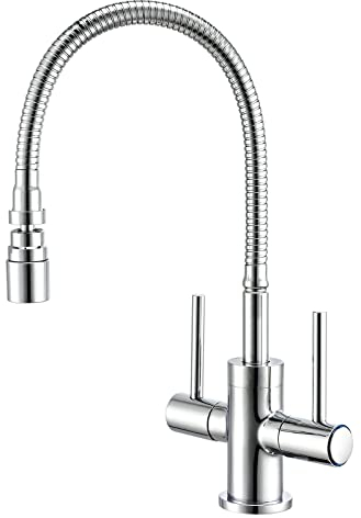 Pull Down Kitchen Sink Tap with Flexbile Hose Twin Lever Mixer Faucet Taps Mixers 360 Swivel Spout Dual Mode Spray Head Chrome