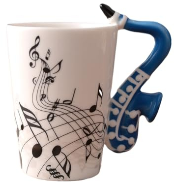 Otueidnsy 240 Ml Keramiktasse, Musik-Keramikbecher, Kreative Musik-Keramikbecher, Niedliche Kaffee-Tee-Milch-Tassen und Tassen mit, Neuheitsgeschenke, Blaues Saxophon