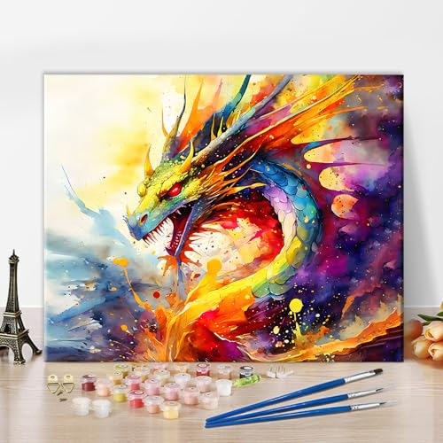 Drachen Malen nach Zahlen für Erwachsene Fantasy Kunst Ölgemälde Malen nach Zahlen Mittelalterliche Fantasy Tiere DIY Ölgemälde auf Leinwand, Malerei mit Pinsel und Pigment Kunsthandwerk, 16x20 Zoll