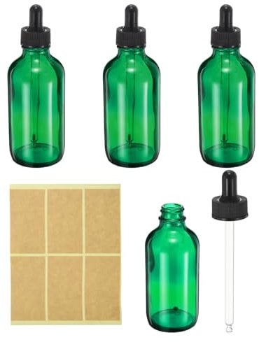 PATIKIL 120ml Glass Dropper Bottle, 4Pcs Leakproof Essential Oils Sample Liquid Perfume Container with Eye Dropper 6 Labels for Storage Home Travel, Green