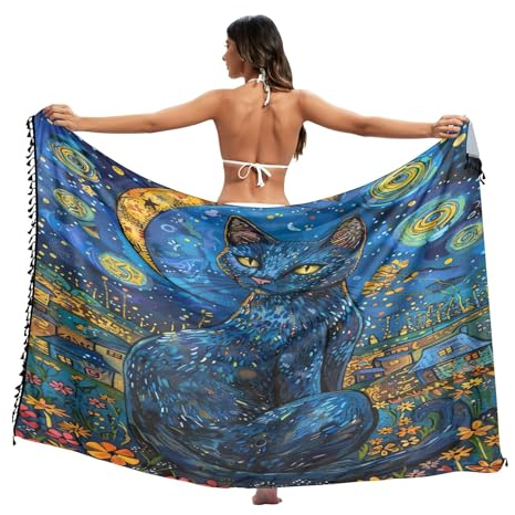 RPLIFE Süße Kuh stehend auf Wiese Strand Coverup Sarong Quaste Sarong Cover Up Sarong Strand Cover Up Long Sarong Cover Up, Blaue Katze sitzt im Feld, Large