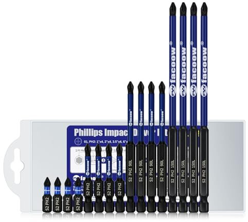 Facoow Phillips Impact Driver Bits #2, Magnetic Screwdriver Bits Set, Screw Driver Head Drill Bit, 1-6 Inch, 16 Pack