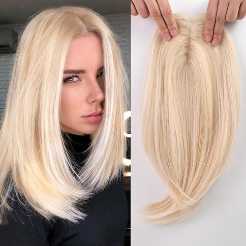 EMMOR 14 Zoll Hellblond & Bleichblond gemischt Haar Toppers für Frauen Synthetisches Haar Toppers Haar Pieces Schweizer Basis mit 3 Clips in Wiglet Toppers haarteil