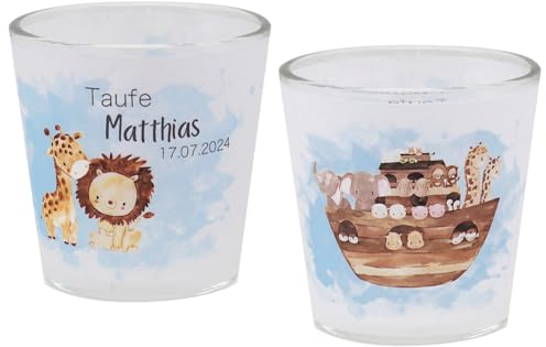 ZauberDeko Windlicht Banderole Arche Noah Taufe Geburtstag Tischdeko PERSONALISIERT 7,5cm H, Menge:2 Stück