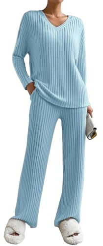 Joligiao Ensemble de Pyjama pour Femmes Manches Longues Ensemble de Vêtements de Détente 2 Pièces Tenue de Détente Côtelé Vêtement d'Intérieur Sleepwear Pantalon à Taille Élastique Haut
