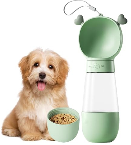 Dog Water Bottle for Walking,2 in 1 Portable Dog Water Bottle,350ml Leakproof Dog Travel Water Bottle+250ml Food Container,Puppy Bottle Water Dispenser,for Pets Outdoor Walking,Hiking,Travel(Green)