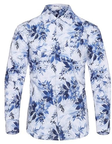 APTRO Men's Shirts Long Sleeve Dress Shirts Casual Floral Shirt Wrinkle-Free Formal Regular Fit Shirts Patterned White 3XL