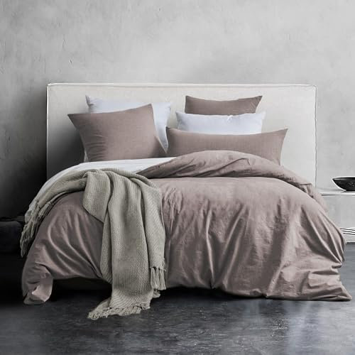 SOULFUL Housse de Couette 140x200 Coton, Café Foncé Ensembles de Housse de Couette avec Fermeture Éclair, 100% Coton Lavé, Texture Lin, Parure de Lit 140x200 Coton avec 1 Taie d'oreiller 65x65 cm