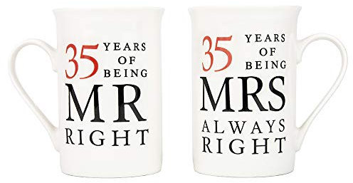 Happy Homewares Ivory White 35th Anniversary Mr Right & Mrs Always Right Ceramic Gloss Mug Gift Set