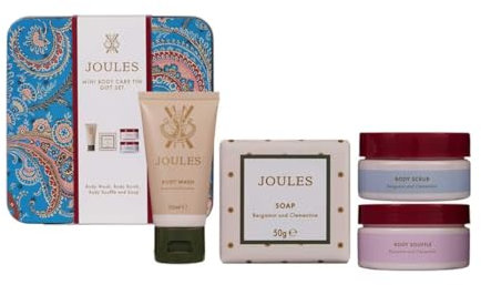 Joules Mini Body Care Tin Gift Set - Travel-sized Soap, Uplifting Body Wash, Skin Smoothing Body Soufflé, Exfoliating Body Scrub
