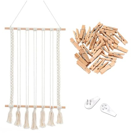 LadjproR Boho Fotowand Collage mit Holzklammern Handgefertigte Makramee-Fotorahmenwand mit Fransen Boho Wanddekoration für Wohnkultur, Schlafzimmer (C)