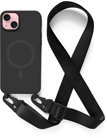 Leather Armor Handykette Hülle für iPhone 15(6.1) mit Band Halsband Lanyard (abnehmbar) Handyhülle, Verstellbarer Lanyard.Magnetisch Stoßfest Silikonhülle Wireless Charging kompatibel .-Schwarz