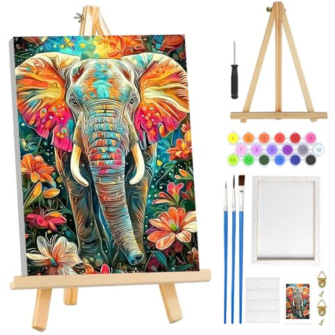 MOGTAA Éléphant Peinture Numero Enfant Adulte avec Cadre, Fleurs Peinture par Numero Adulte avec Chevalet, DIY Numéro d'Art Kits, Loisirs Créatifs Adultes, pour décoration d'intérieur, 20x30cm