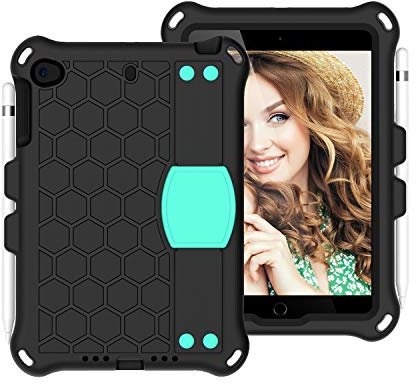 XNCVBD Schutzhülle für iPad Mini 5 4 3 2 1, EVA-Schutzhülle, leicht, voller Körper, faltbar, integrierter Griff, stoßfest, Schultergurt (Schwarz + Aqua)