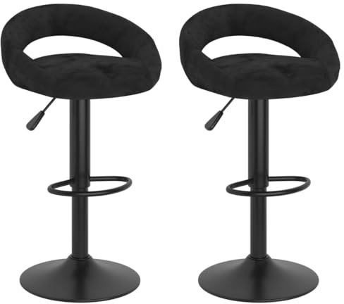 HETFTJN Barhocker 2er Set Schwarz Samt Höhenverstellbar 75-97 cm Drehbarer Küchenhocker mit Fußstütze und Robustem Stahlgestell Modernes Design für Küche Theke Balkon